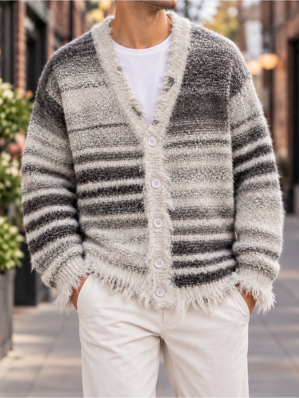 Aelfric Eden Cardigan Sweater Mens M Gray Cream Striped Button Front Fuzzy
